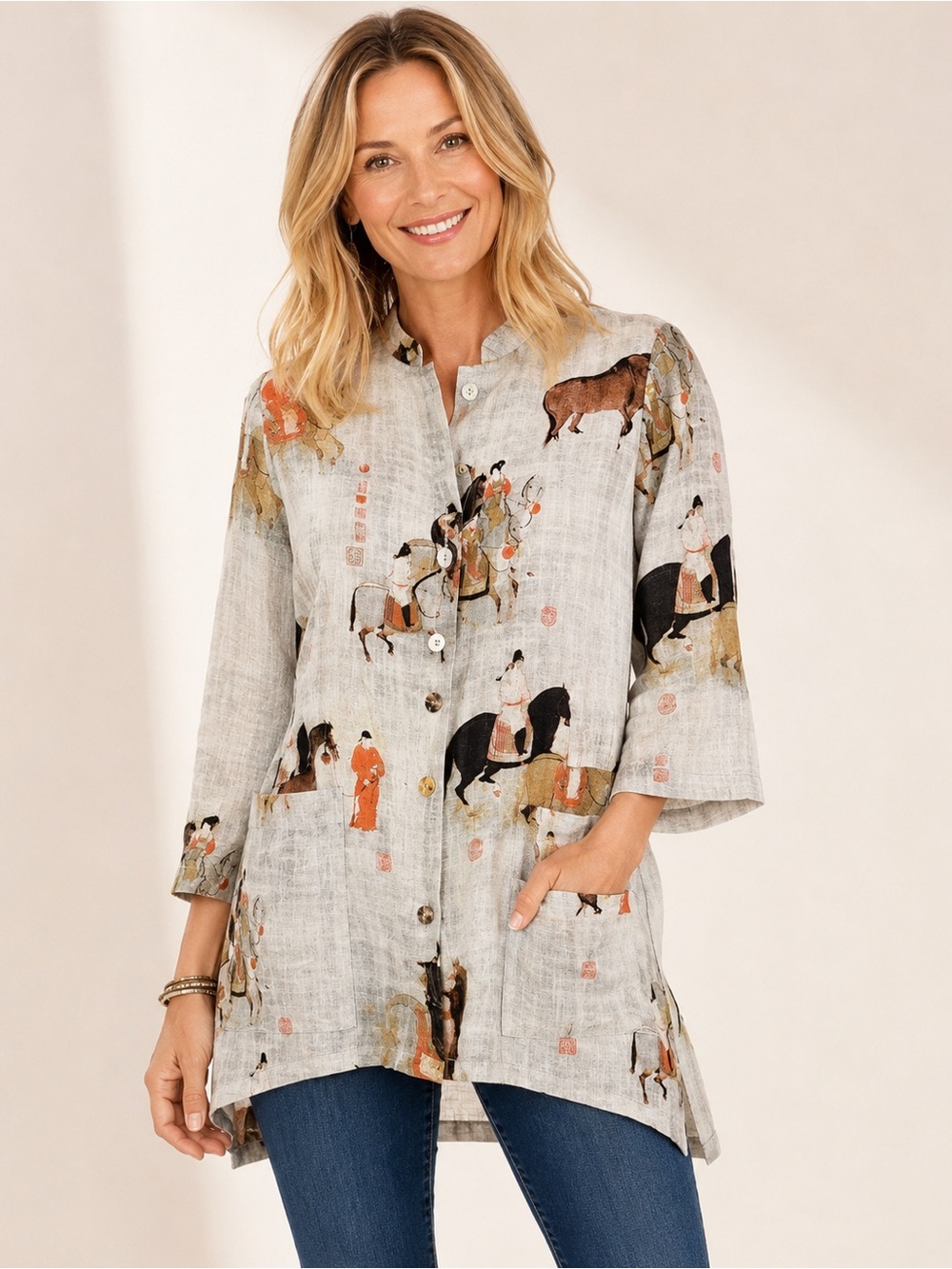 Soft Surroundings Dynasty Asian Horse Print Button Down Tunic Top Size Medium